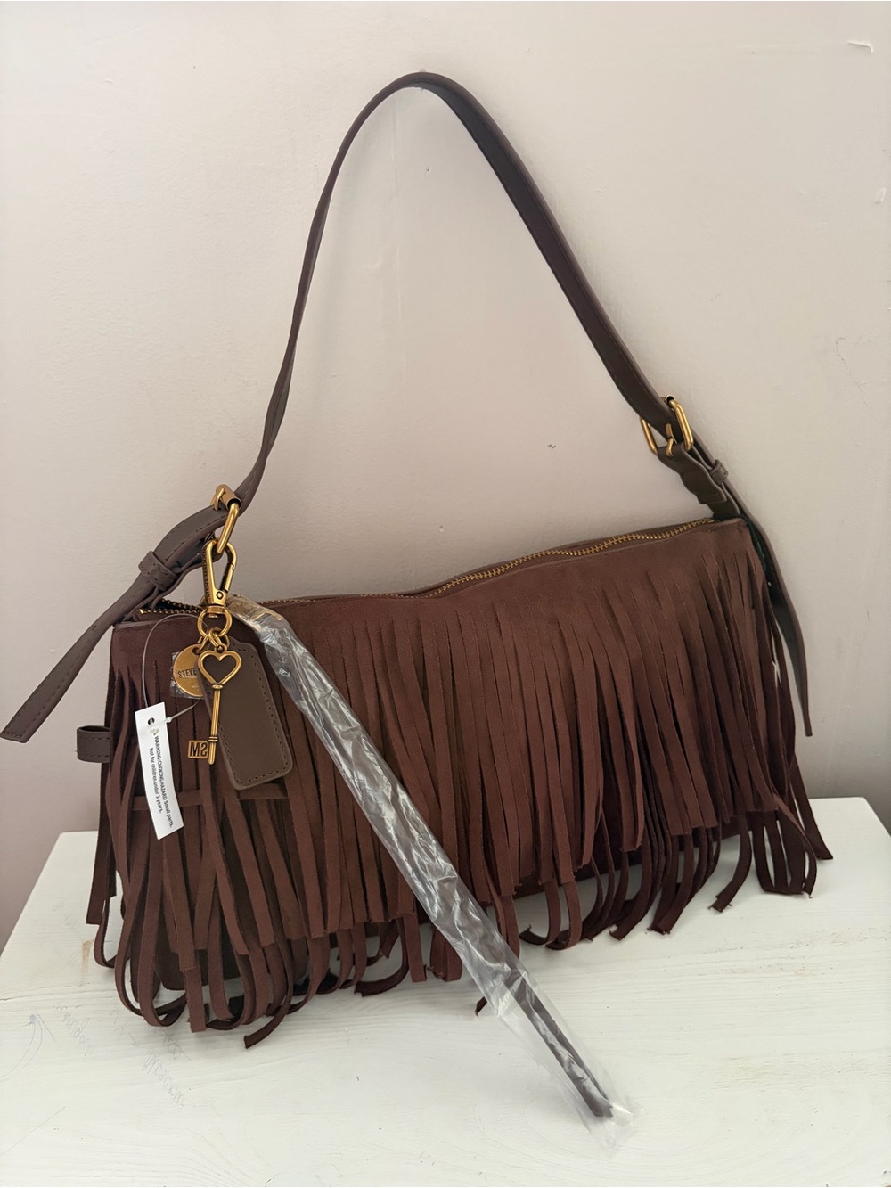 Steve Madden Brown Fringed Shoulder Bag with Gold Hardware